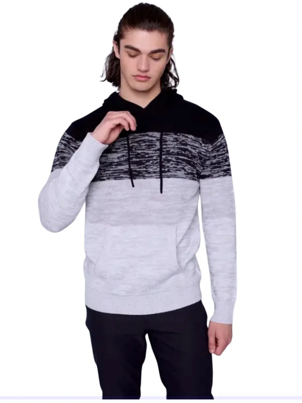 NWT HEDGE Men's Colorblock Knit Pullover Hoodie Sweater Gray & Black Size Large